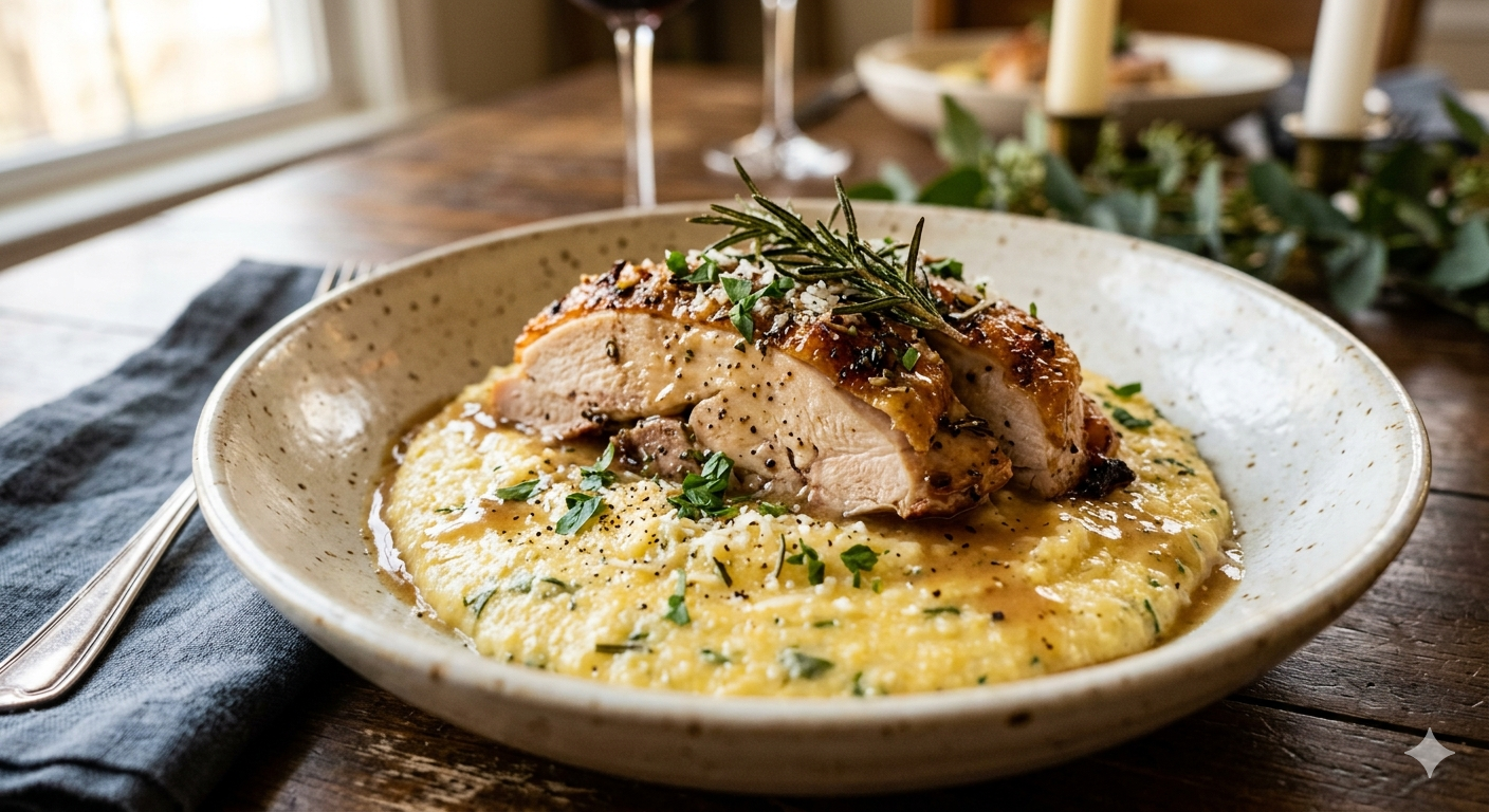 A plated roast chicken over herbed polenta on a rustic table